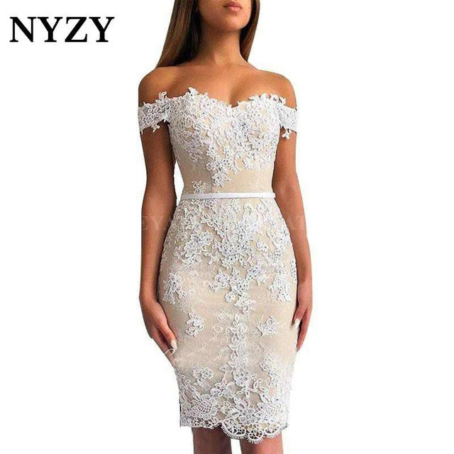 Elegant Sheath Crystal Lace Vestido Coctel Robe Cocktail Dress White Champagne 2019 NYZY C174 Party Dress Graduation Homecoming