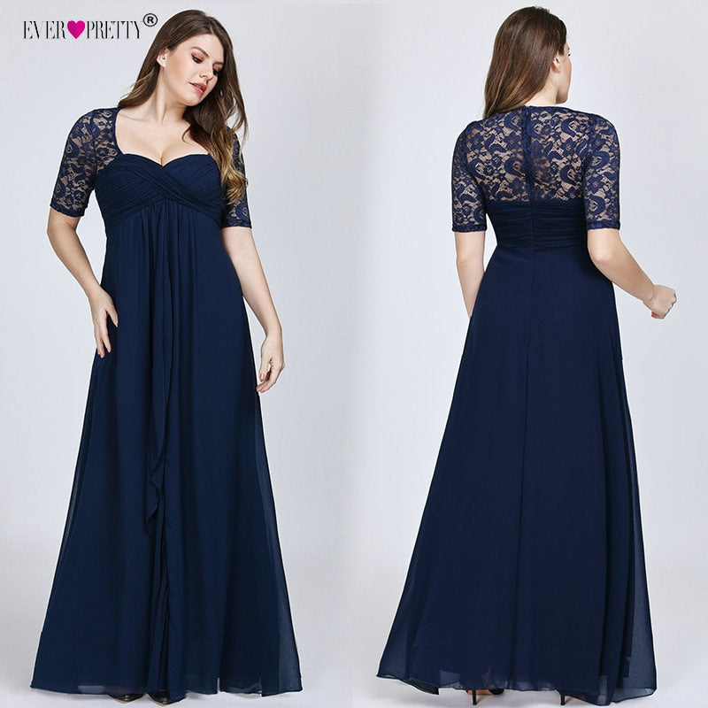 Plus Size Evening Dresses 2019 Ever Pretty New year Short Sleeve Lace Back Navy Blue Sexy Chiffon Long Wedding Guest Dresses