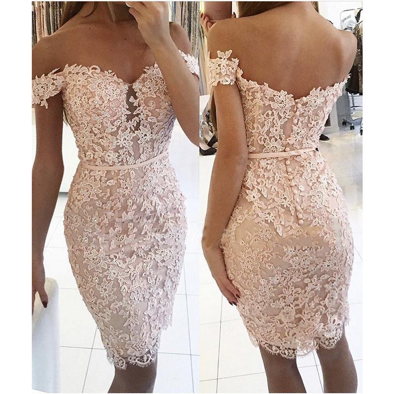 Champagne 2019 Elegant Cocktail Dresses Sheath Off The Shoulder Short Mini Lace Beaded Party Plus Size Homecoming Dresses