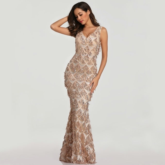 YIDINGZS 2019 Sexy V-neck Tassel Sequin Sleeveless Evening Dress Women Elegant Long Evenning Party Dress