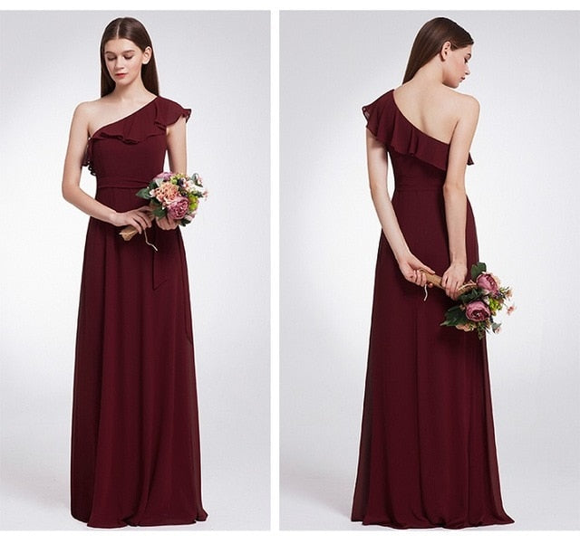 Bridesmaid Dresses Ever Pretty 07211 Sexy One Shoulder Chiffon A-line Ruffles Floor-Length Belt Gowns Beach Wedding Guest Dress