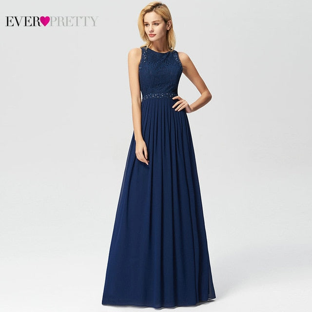 Long Evening Dresses 2019 Ever Pretty Elegant Beading A Line Pleated Chiffon Lace Formal Dress Party Gown EP07391 robe de soiree