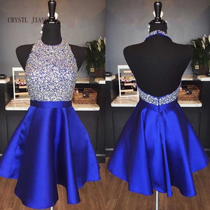 Hot Sale Cocktail Party Dress 2019 Robe cocktail Halter Heavy Beading Royal Blue Satin Sexy Open Back Short Mini Cocktail Dress