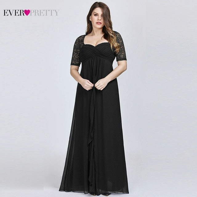 Plus Size Evening Dresses 2019 Ever Pretty New year Short Sleeve Lace Back Navy Blue Sexy Chiffon Long Wedding Guest Dresses