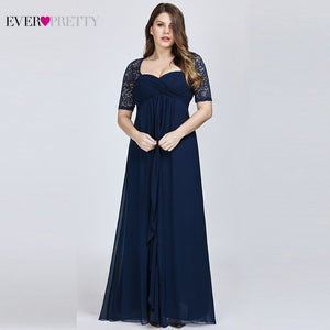 Plus Size Evening Dresses 2019 Ever Pretty New year Short Sleeve Lace Back Navy Blue Sexy Chiffon Long Wedding Guest Dresses