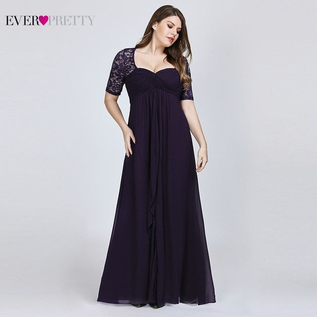 Plus Size Evening Dresses 2019 Ever Pretty New year Short Sleeve Lace Back Navy Blue Sexy Chiffon Long Wedding Guest Dresses