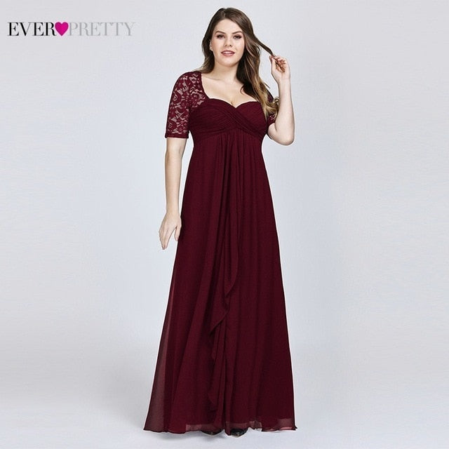 Plus Size Evening Dresses 2019 Ever Pretty New year Short Sleeve Lace Back Navy Blue Sexy Chiffon Long Wedding Guest Dresses