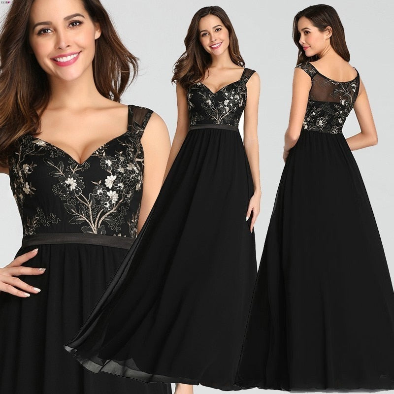 Vintage Appliques Black Evening Dresses Long Ever Pretty EZ07783BK Sexy V-Neck Sleeveless Spaghetti Strap Formal Dresses 2019