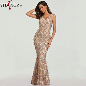 YIDINGZS 2019 Sexy V-neck Tassel Sequin Sleeveless Evening Dress Women Elegant Long Evenning Party Dress