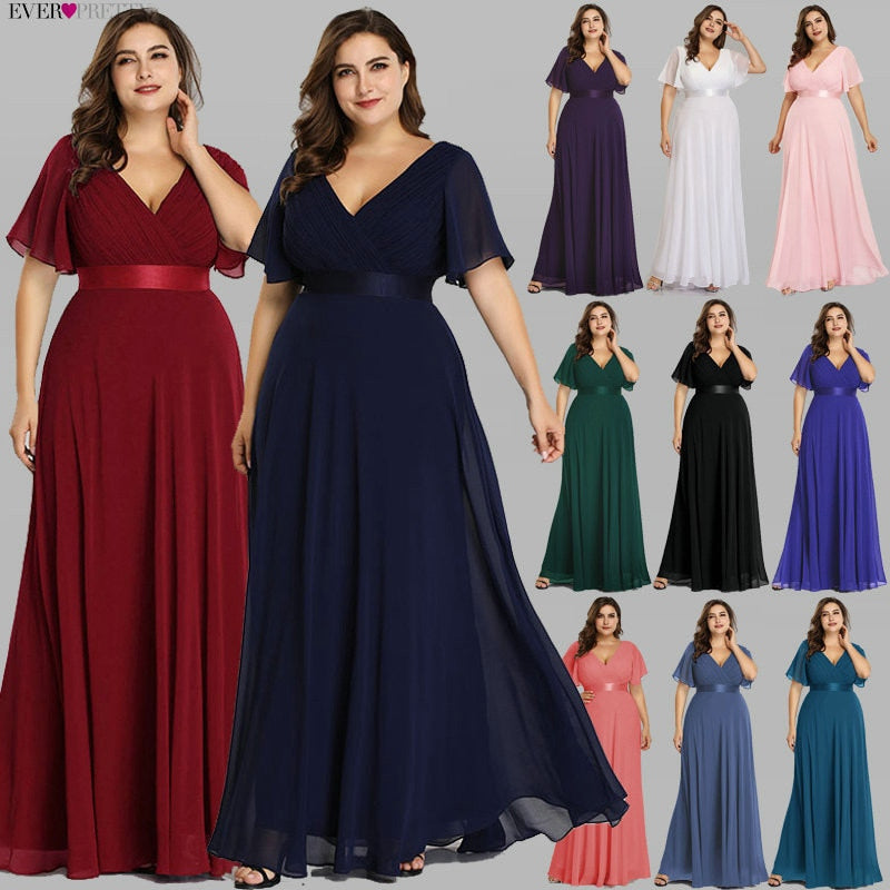 Long Bridesmaid Dresses Plus Size Ever Pretty Elegant A Line V Neck Short Sleeve Burgundy Dress For Wedding Party Guest Vestidos