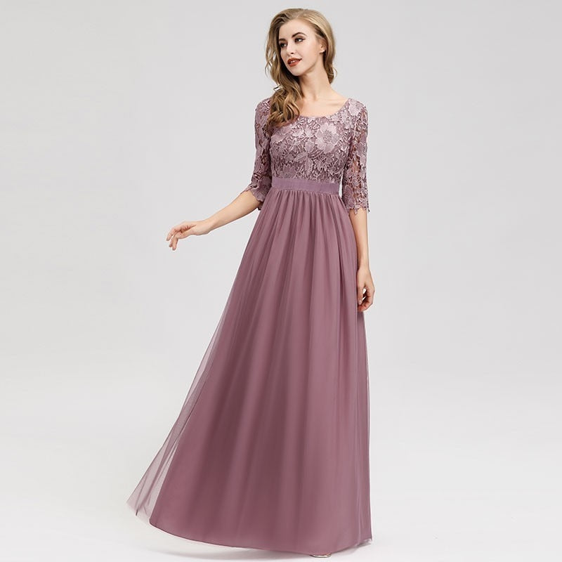 Lace Bridesmaid Dresses Long Ever Pretty Appliques A-Line O-Neck Hollow Out Sleeve Vintage Women Chiffon Wedding Guests Gowns