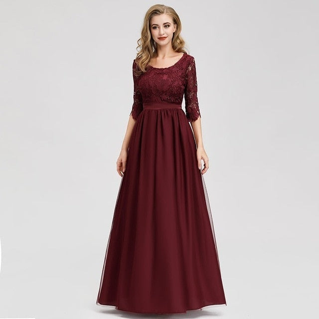 Lace Bridesmaid Dresses Long Ever Pretty Appliques A-Line O-Neck Hollow Out Sleeve Vintage Women Chiffon Wedding Guests Gowns