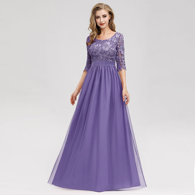 Lace Bridesmaid Dresses Long Ever Pretty Appliques A-Line O-Neck Hollow Out Sleeve Vintage Women Chiffon Wedding Guests Gowns